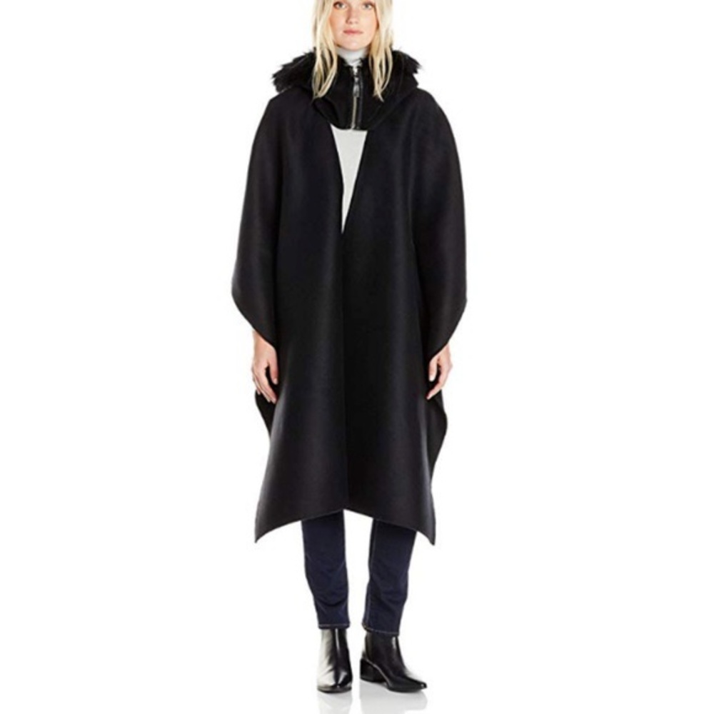 Helina Fox Fur-Trim Black Hooded Cape